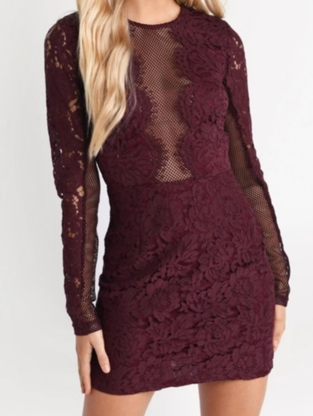 Tobi Mini Dress - "The Raven" - Lace Mesh - Bodycon - Wine Burgundy - Size M